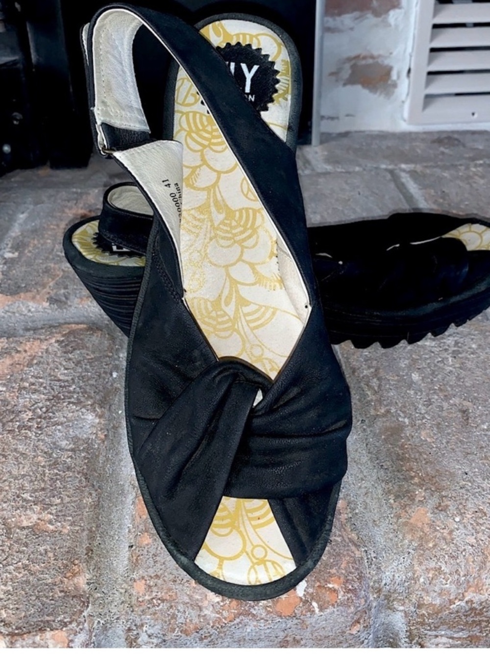 Fly London Black Knotted Slingback Wedge Sandals